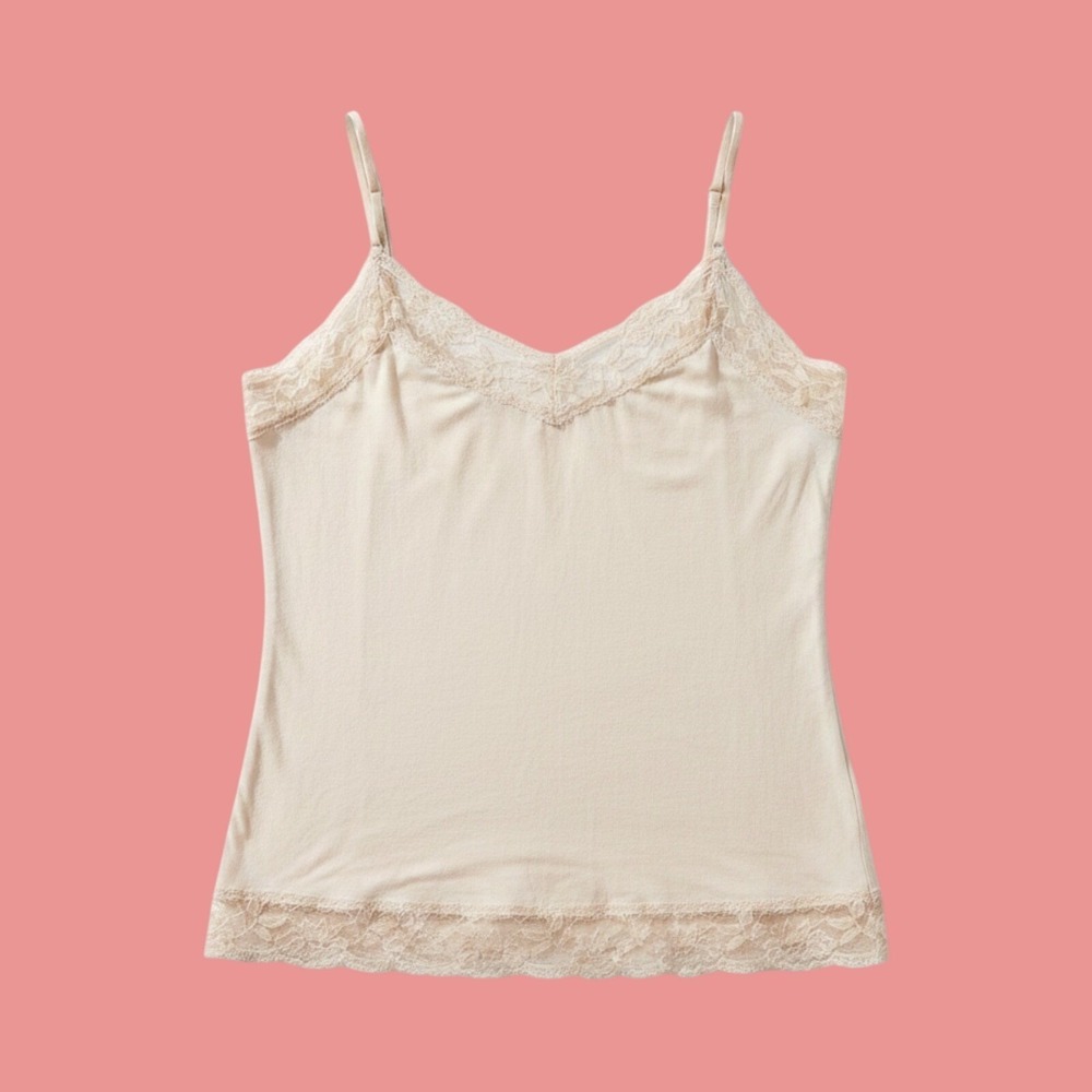 Bozzolo Y2K Lace Trim Cami Tank‎ Top Lrg White Adjust Spaghetti Straps Vtg Fairy